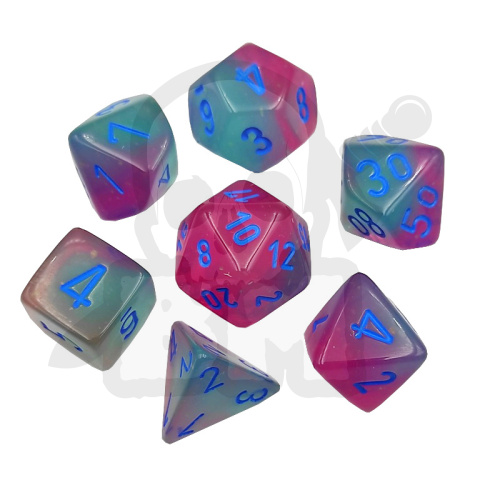Kości RPG 7 szt. Gemini Gel Green-Pink/blue zestaw K4 6 8 10 12 20 i 00-90 kostki+ pudełko