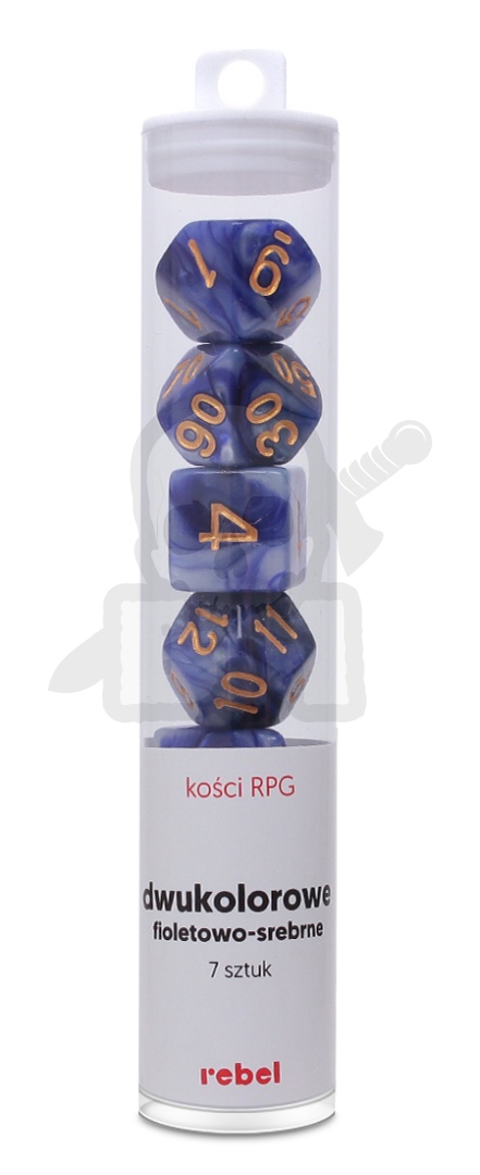 Kości RPG 7 szt. Dwukolorowe - Fioletowo-srebrne K4 6 8 10 12 20 i 00-90