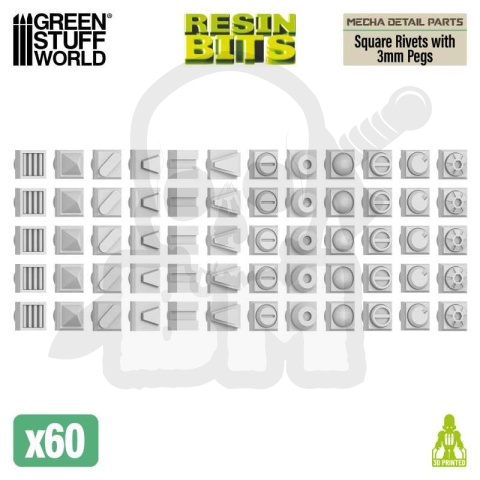 3D printed set - Mecha Detail Parts - Square Rivets with 3 mm Gundam Pegs