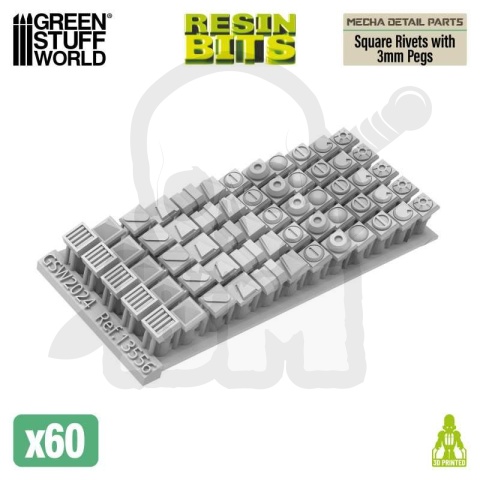 3D printed set - Mecha Detail Parts - Square Rivets with 3 mm Gundam Pegs
