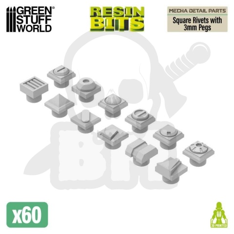 3D printed set - Mecha Detail Parts - Square Rivets with 3 mm Gundam Pegs