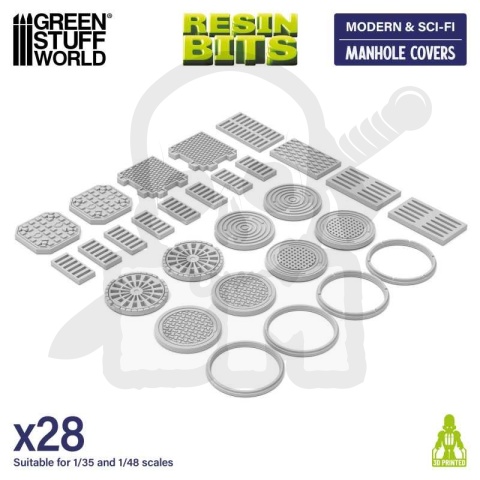 3D printed set Manhole Covers 1:48-1:35 - Pokrywy włazów 28 szt.