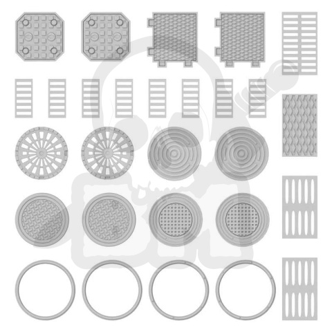 3D printed set Manhole Covers 1:48-1:35 - Pokrywy włazów 28 szt.