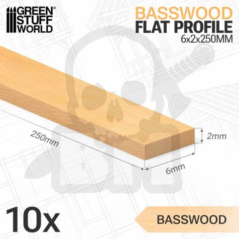 Basswood flat profile - 2x6x250mm - Profile płaskie z drewna lipowego 10 szt.