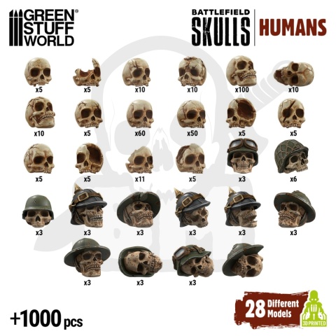 3D printed set - 1000x Battlefield Resin Skulls 1:48-1:35 - tysiąc czaszek