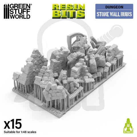 3D printed set - Stone wall ruins 1:48 - ruiny 15 szt.