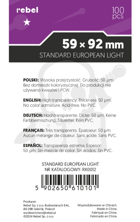 Koszulki Rebel Aquila Light na karty 59x92 mm Standard European Light 100 szt.