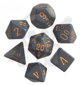 Kości RPG 7 szt matowe Dark Grey w/copper zestaw K4 6 8 10 12 20 i 00-90 kostki + pudełko