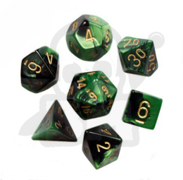Kości RPG 7 szt. Gemini Black-green w/gold zestaw K4 6 8 10 12 20 i 00-90 kostki+ pudełko