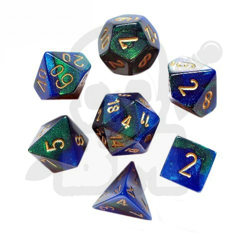 Kości RPG 7 szt. Gemini Blue-Green w/gold zestaw K4 6 8 10 12 20 i 00-90 kostki+ pudełko