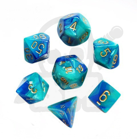 Kości RPG 7 szt. Gemini Blue-Teal w/gold zestaw K4 6 8 10 12 20 i 00-90 kostki+ pudełko