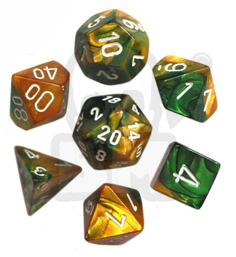 Kości RPG 7 szt. Gemini Gold-Green w/white zestaw K4 6 8 10 12 20 i 00-90 kostki+ pudełko