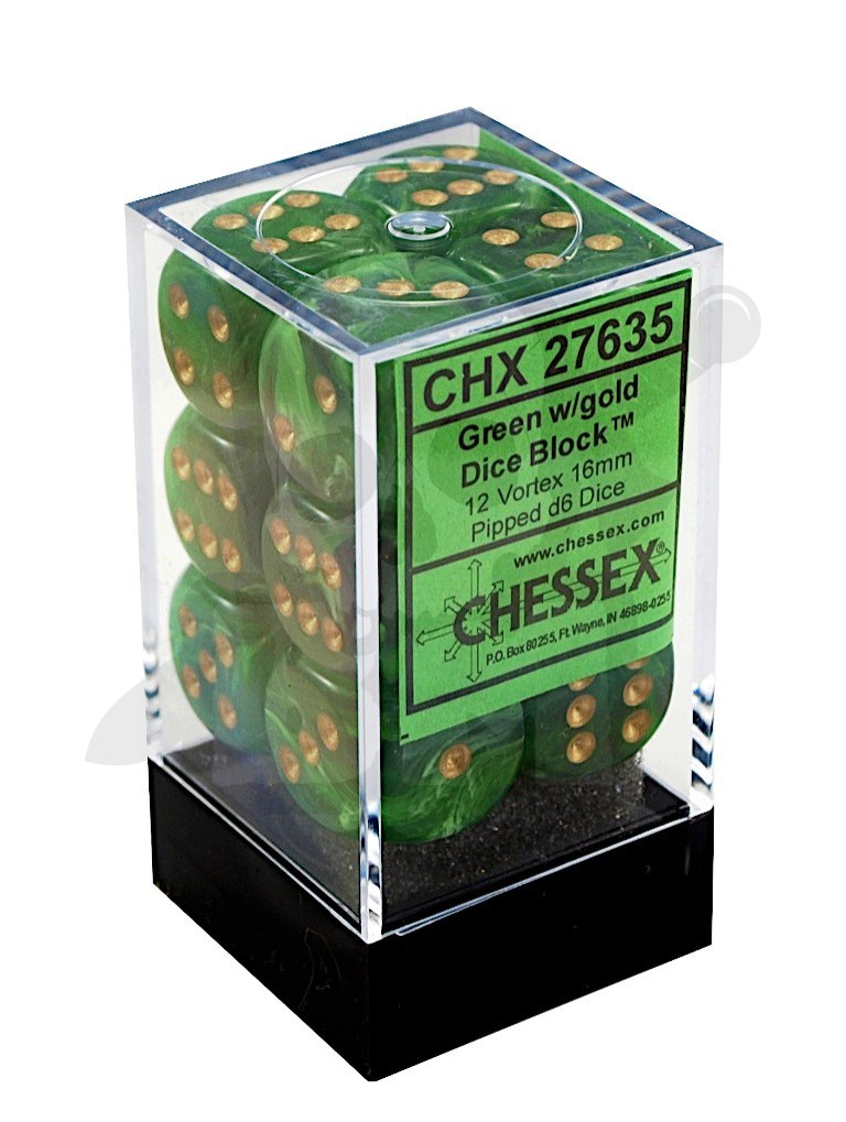 Kostki Chessex Vortex K6 16mm Green/gold 12szt. +pudełko