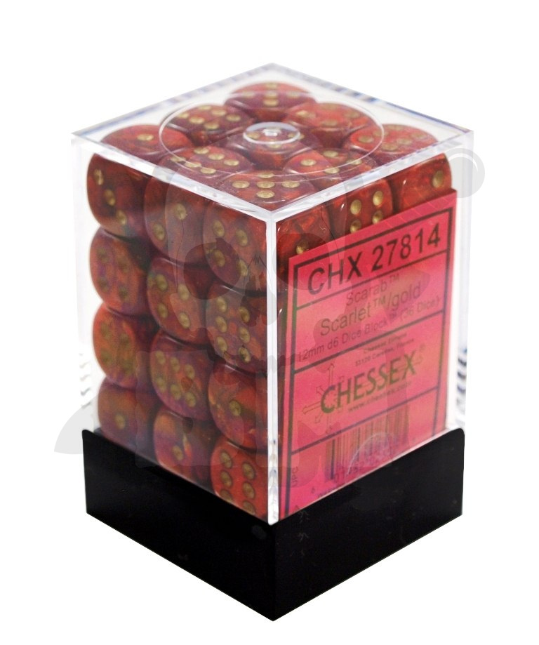 Kostki K6 12mm Chessex Scarab Scarlet/gold 36 szt. + pudełko