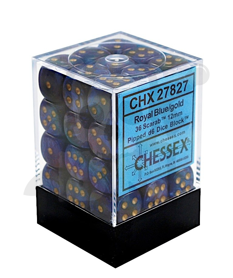 Kostki K6 12mm Chessex Scarab Royal Blue/gold 36 szt. + pudełko