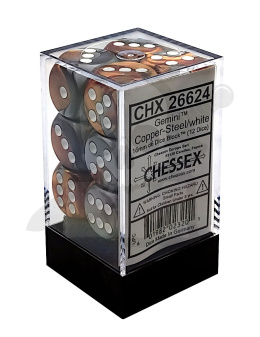 Kostki Chessex K6 16mm gemini spot Copper-Steel/white 12szt. + pudełko
