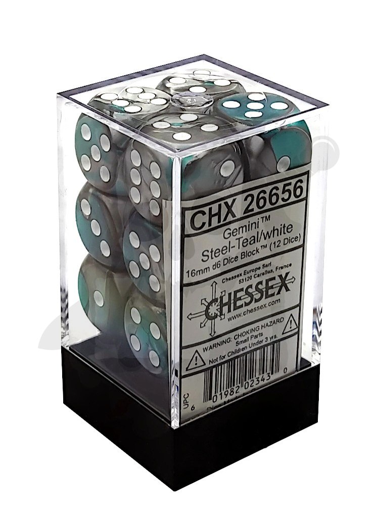 Kostki Chessex K6 16mm gemini spot Steel-Teal w/white 12szt. + pudełko