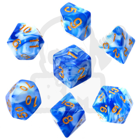 Kości RPG 7 szt. Dwukolorowe - Błękitno-białe (złote cyfry) K4 6 8 10 12 20 i 00-90